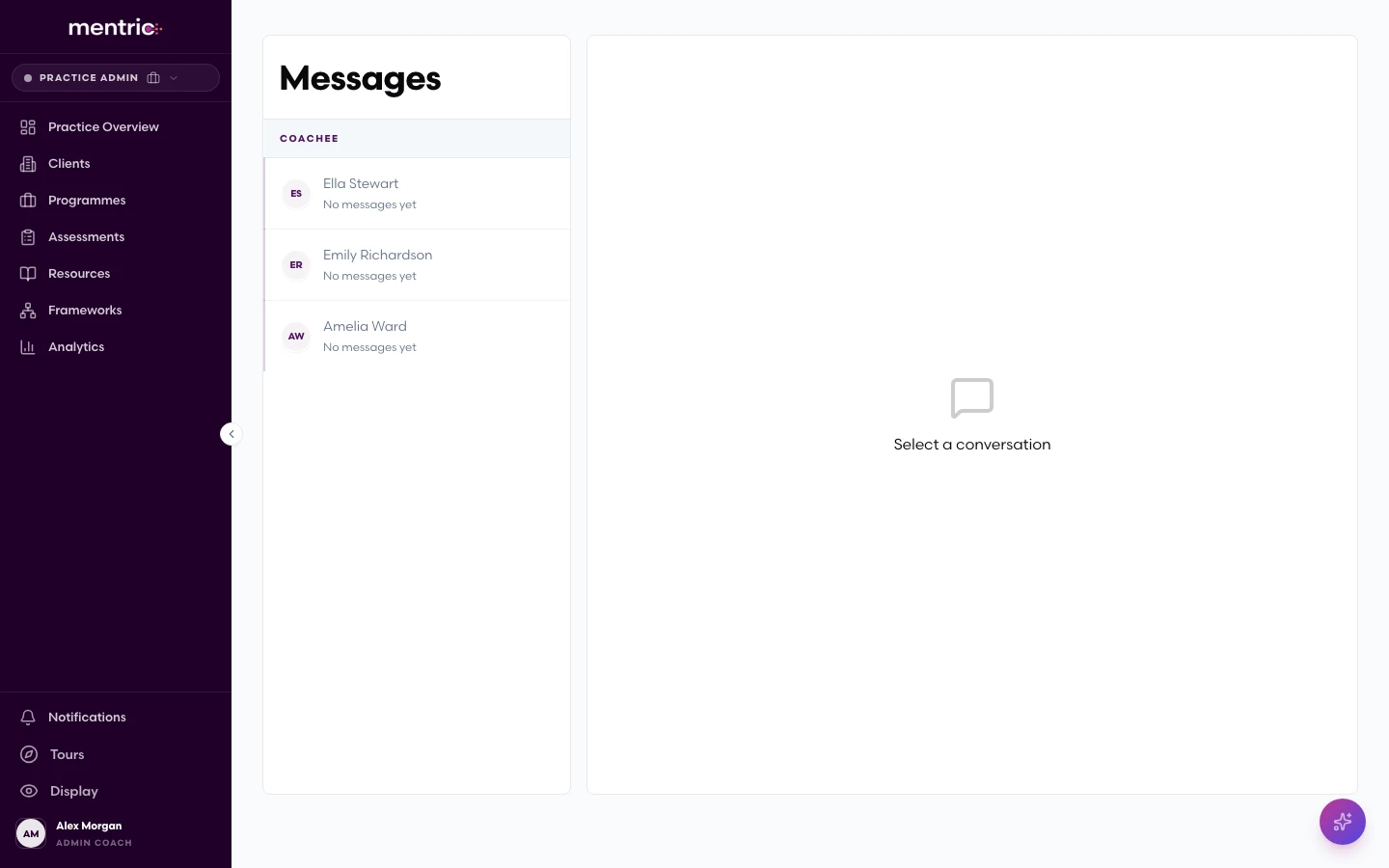 In-platform messaging interface showing coach-coachee conversations with file sharing