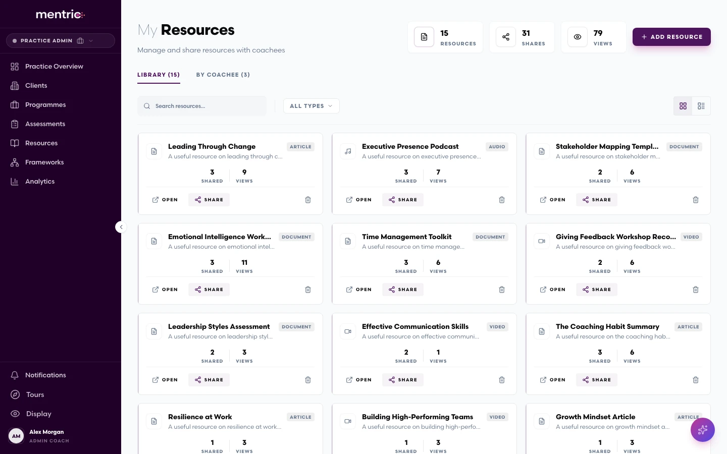 Resources library showing curated coaching materials organised by category with sharing controls