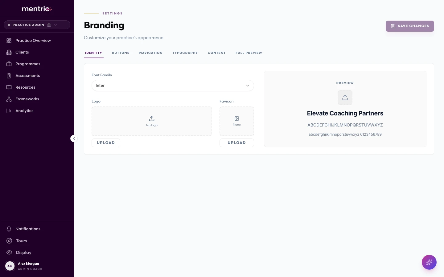 Branding settings page showing logo upload, colour picker, font selection, and live theme preview